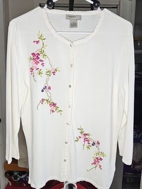 Vintage Designers Originals Cream Embroidered Cardigan Hummingbird Floral Size M